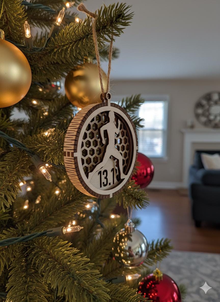 Personalized Runner Christmas Ornament – Male / Female – “13.1 / 26.2 / 5K / 10K / 10M” Gift