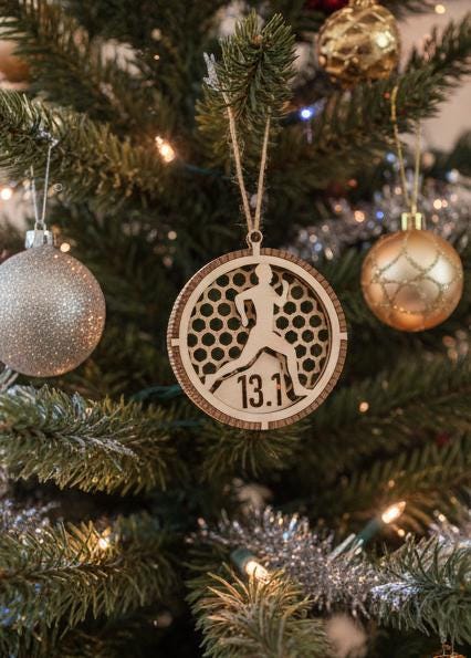 Personalized Runner Christmas Ornament – Male / Female – “13.1 / 26.2 / 5K / 10K / 10M” Gift