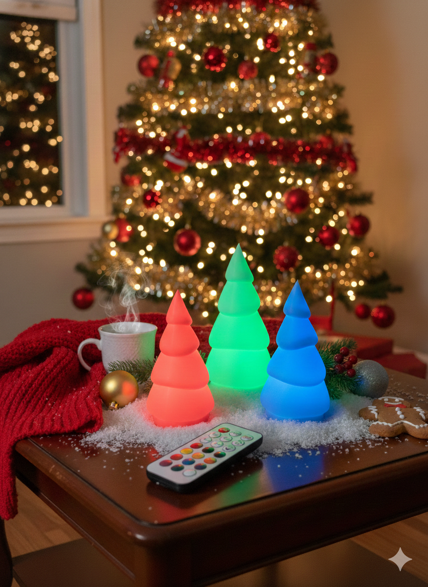 3D Printed Light Up Christmas Tree Set • RGB Remote-Controlled Holiday Décor • Glowing LED Trees • Christmas Centerpiece Decoration